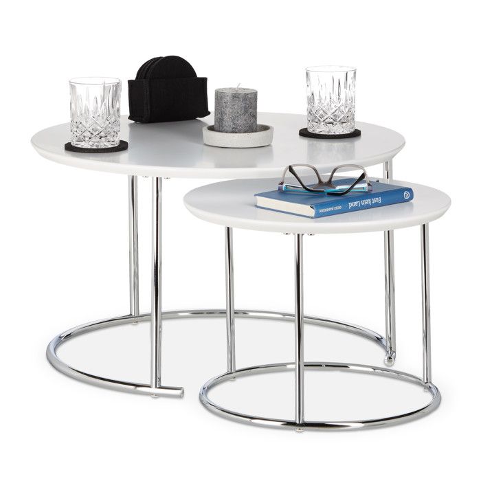 Relaxdays Table Gigogne Set de 2 Table de Salon Petite Ronde Mate, Table Basse Bois Métal Chromé 60x60 cm, Blanc