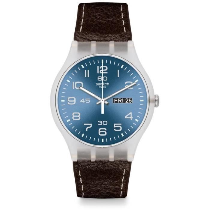 SWATCH HOMME & FEMME 41MM MARRON CUIR CROCODILE BRACELET DATE MONTRE SUOK701
