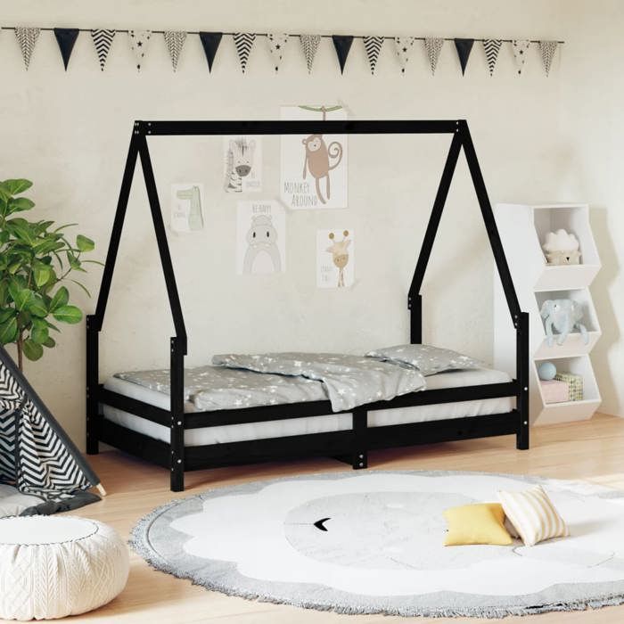 vidaXL Cadre de Lit pour Enfants Lit Simple avec Sommier à Lattes Meuble de Chambre à Coucher Scandinave Noir 80x160 cm 834491
