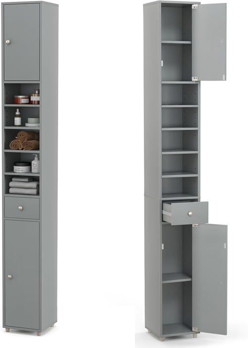 GIANTEX Meuble Colonne de Salle de Bain H 180 cm- 2 Portes+ Tirior- 5 Étagères Réglables- Armoire Haute 10 Étages - Gris