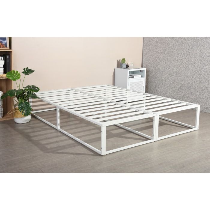 urban meuble lit double métallique blanc sommier lattes rangement sous lit 200*150*30cm