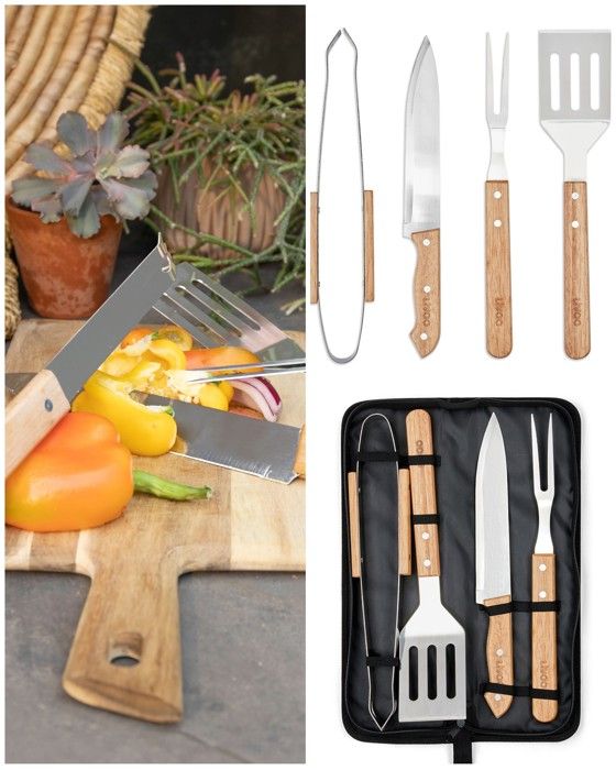 Ustensiles à Plancha Barbecue - Inox - Set de 4 - Sacoche en coton - Poignées en bois d’hévéa - Résistants Ustensiles à Plancha Barbecue - Inox - Set de 4 - Sacoche en coton - Poignées en bois d’hévéa - Résistants