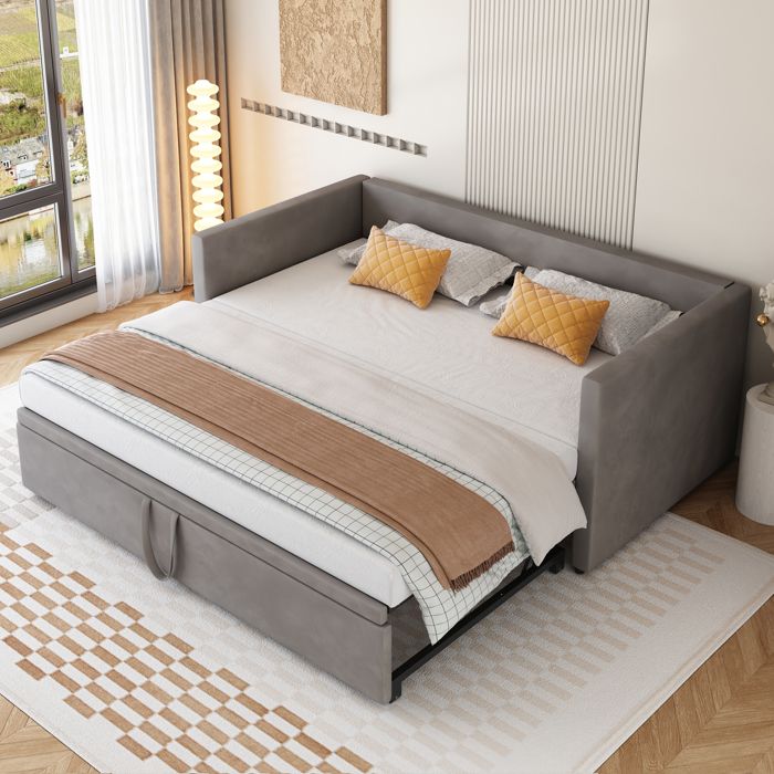 Lit gigogne - Canapé-lit - 90/180x200 cm - Velours - Gris - 2 places