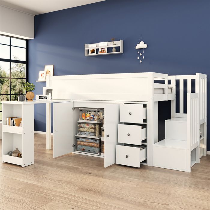 DRIPEX Lit superposé 90×200cm denfant multifonctionnel à ranger Lit avec Bureau extensible armoire et tiroirs de rangement Blanc