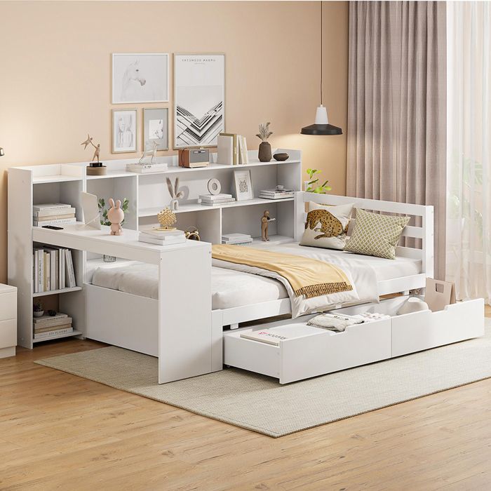 Lit combine 90x200 cm avec 2 tiroirs bureau étagères compartiments de rangement et étagères avec prises Blanc Lit combine 90x200 cm avec 2 tiroirs bureau étagères compartiments de rangement et étagères avec prises Blanc