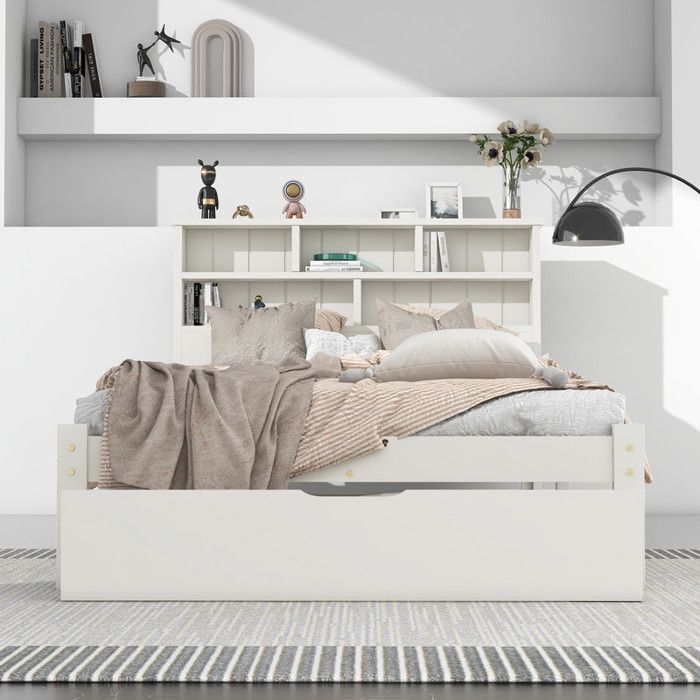Lit Coffre Simple en Bois Massif 90x200cm avec Tiroirs IntéGréS Lit Simple avec TêTe de Lit BibliothèQue Pour Adolescents Blanc