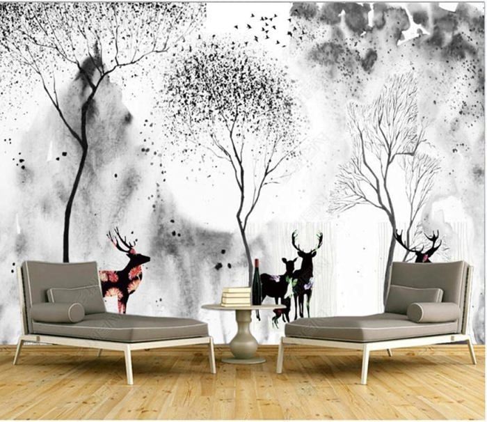 Papier Peint Panoramique 3D Noir Et Blanc Forêt Grand Arbre Élan Art ...