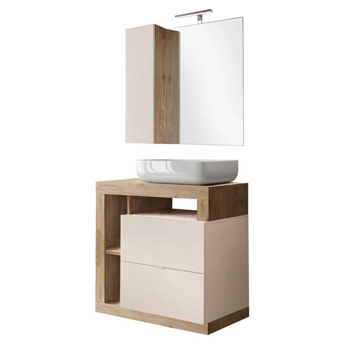 ARTURO - Meuble Vasque 78cm + Miroir beige et aspect bois finition Cadiz