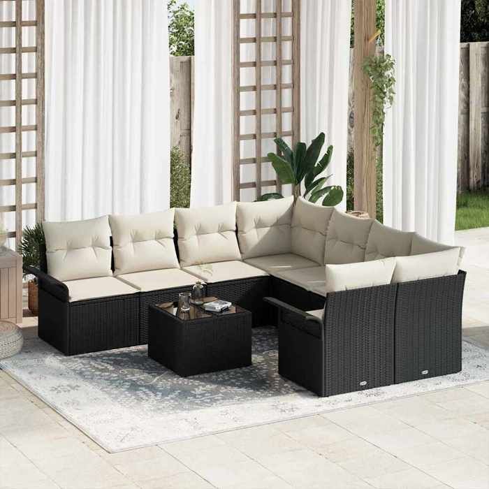 vidaXL Ensemble de canapé de jardin 9 pcs Noir et Crème polyrotin 3353966
