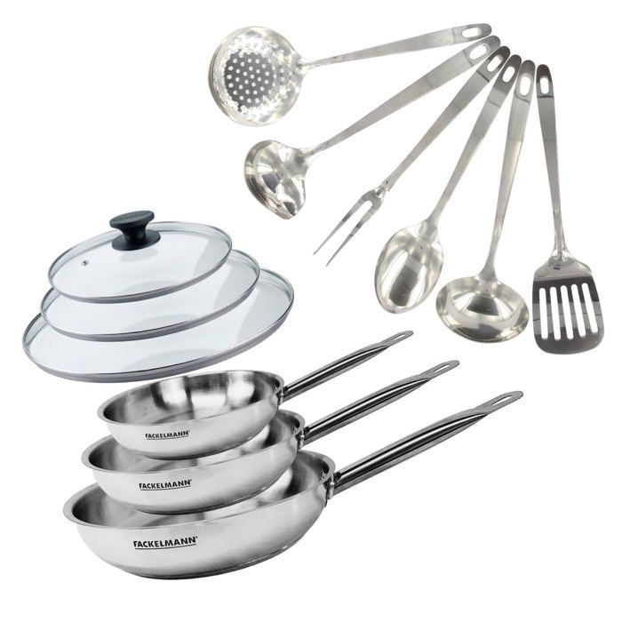 Set de 3 poêles 20 24 et 28 cm en inox 3 couvercles verre et 6 ustensiles inox Fackelmann Eterna Set de 3 poêles 20 24 et 28 cm en inox 3 couvercles verre et 6 ustensiles inox Fackelmann Eterna