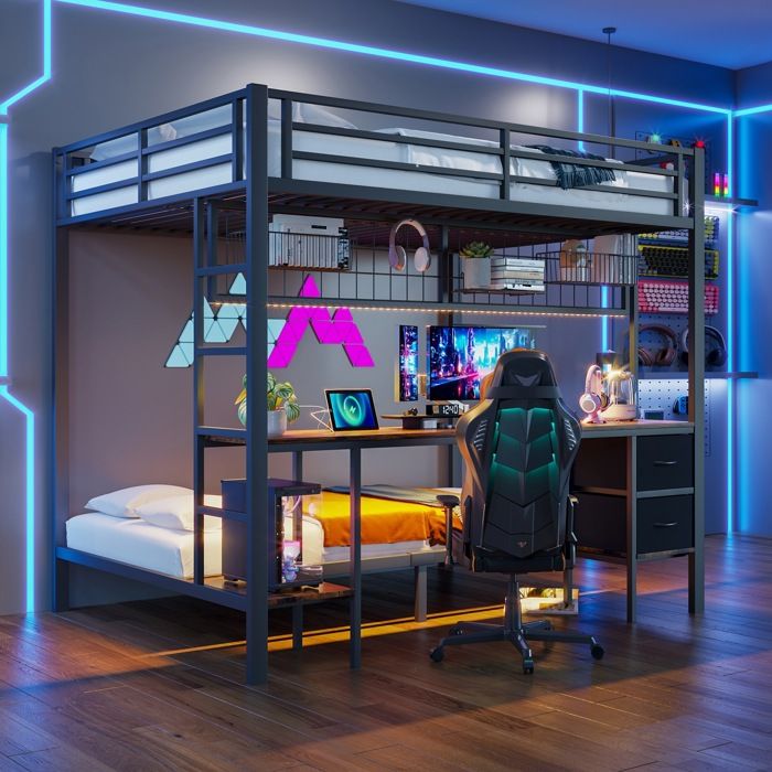 Lit superposé 2/3 places 90/140x200cm Lit enfant Lit mezzanine en métal avec étagère tiroirs bureau bande LED port USB - noir