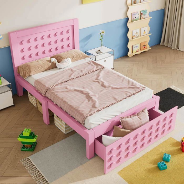 Lit Enfant en Bois 90x200cm avec Tiroirs et Espace de Rangement Lit Single pour Fille avec Design Créatif en Bloc Rose Sans