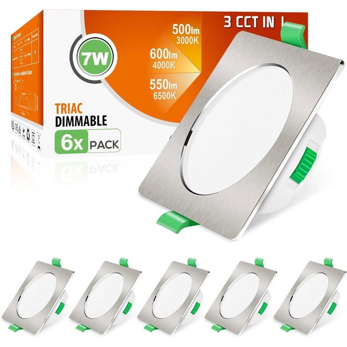 ALUSSO LED Encastrable Spot 67-75mm Dimmable 230V Class D pour Salle de Bain Salon Lot de 6 Carré Nickel