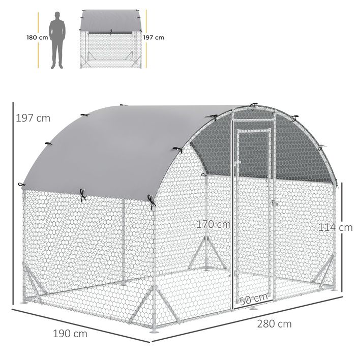 Poulailler Enclos en acier 280 x 190 x 197 cm Cage à poules avec couverture résistante aux UV porte enclos pour 4-6 poules pet