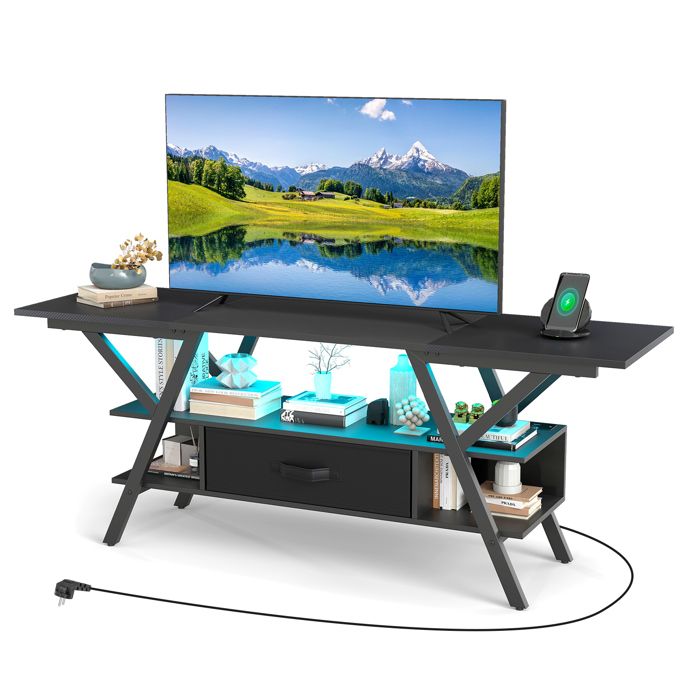 COSTWAY 65 Meuble TV à 3 Niveaux avec LED et Station de Charge Étagères de Rangement et Tiroir pour Salon Chambre Noir COSTWAY 65 Meuble TV à 3 Niveaux avec LED et Station de Charge Étagères de Rangement et Tiroir pour Salon Chambre Noir