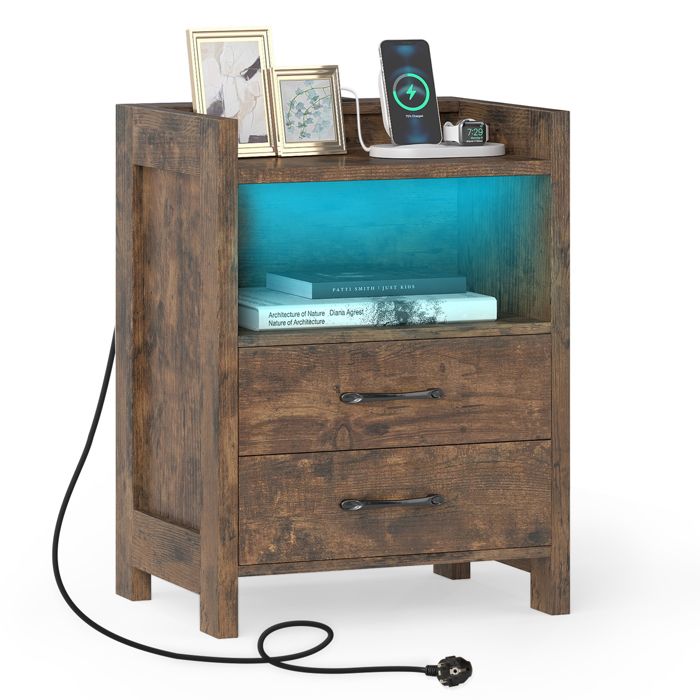 COSTWAY Table de Chevet LED avec Prises Électriques 2 Tiroirs et Étagère Ouverte pour Salon Chambre 45 x 35 x 60 cm Marron