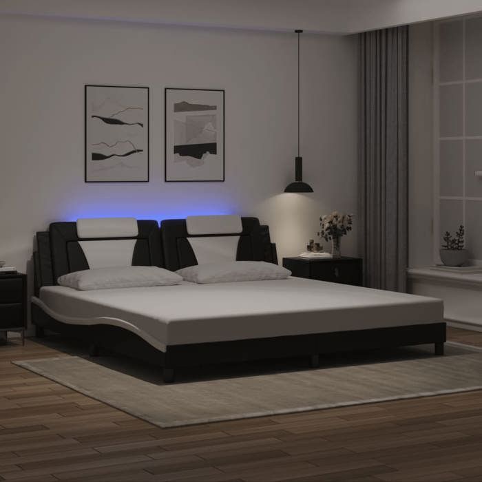 Cadre de lit avec LED - vidaXL - Viana - 200x200 cm - Noir et blanc - Similicuir - Lattes de contreplaqué