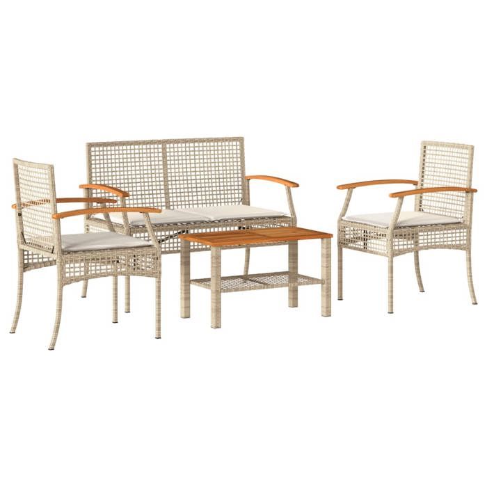 Salon de jardin résine tressée - BURKE - 4 pièces - Beige - Résistance aux UV - Coussins amovibles - Bois dacacia