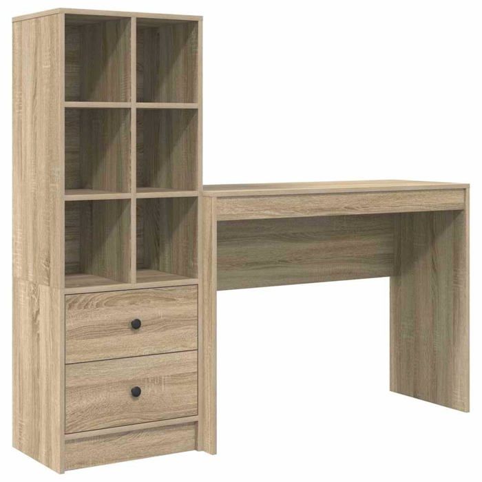 Bureau en bois dingénierie - vidaXL - Chêne Sonoma - 145.5x50x127 cm - 2 tiroirs - Étagères intégrées