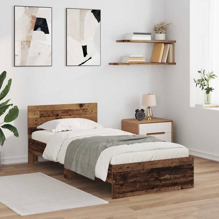 Cadre de lit en bois dingénierie - vidaXL - 90x200 cm - Bois Ancien - Éclairage LED multicolore - Port USB