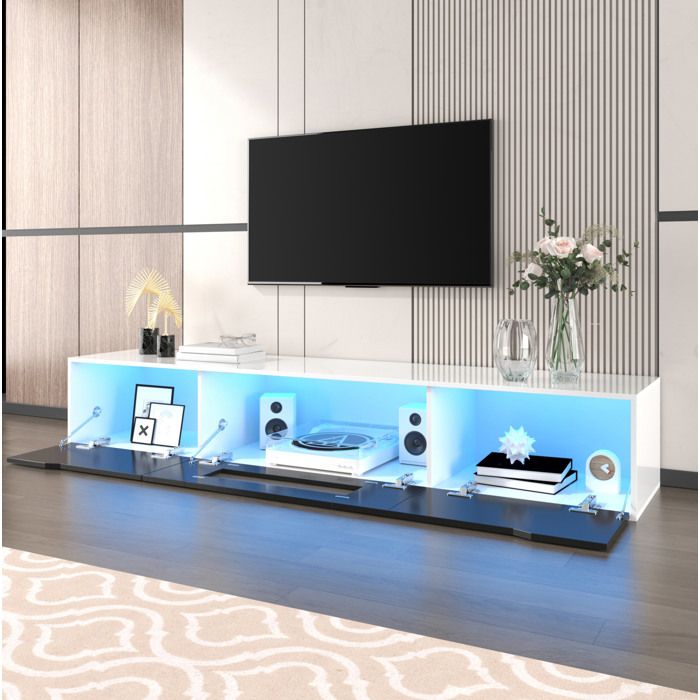 Maisentiel Meuble TV vitrine LED 180 cm blanc et noir façade noire brillante rainurée
