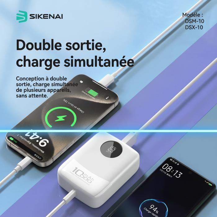 Batterie Externe 10000mAh SIKENAI avec Câble intégré Power Bank à Charge Rapide pour téléphone Portable