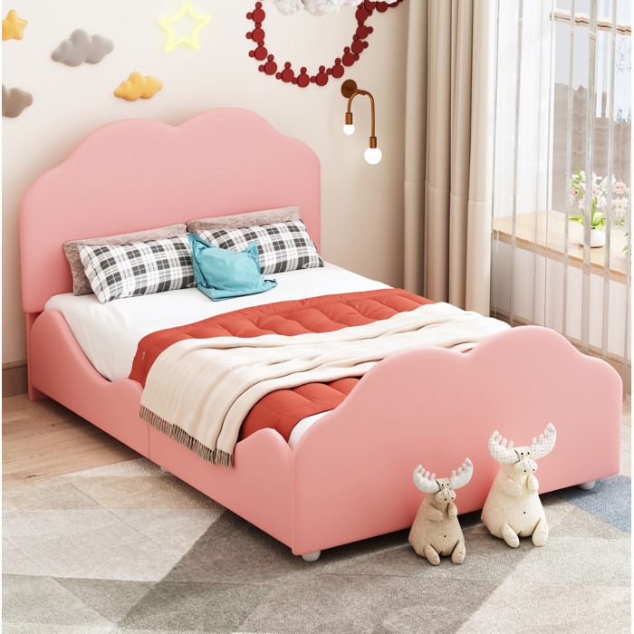 Maisentiel Lit enfant 1 place 90 x 200 cm rose en velours forme nuage 12 lattes