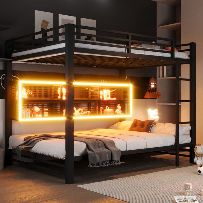 Lit superposé en métal 140x200 cm avec 6 Armoires de Rangement lit mezzanine avec Éclairage LED lit avec sommier à lattesnoir