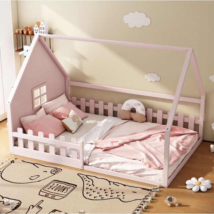 Lit cabane enfant 140x200 cm. forme maison. barrière de sécurité. sommier à lattes. pin+MDF. sans matelas. rose