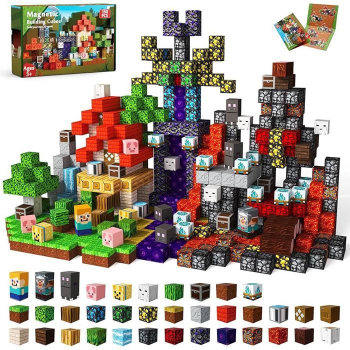 Magnetic building cubes 150 pièces  Jeu de construction de blocs magnétiques type minecraft pour enfants (fantome ) AZZIRIA