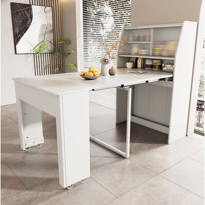 Table à manger extensible L52/132.5x L80 xH120 cm. avec meuble de rangement. table de cuisine intégrée. blanc