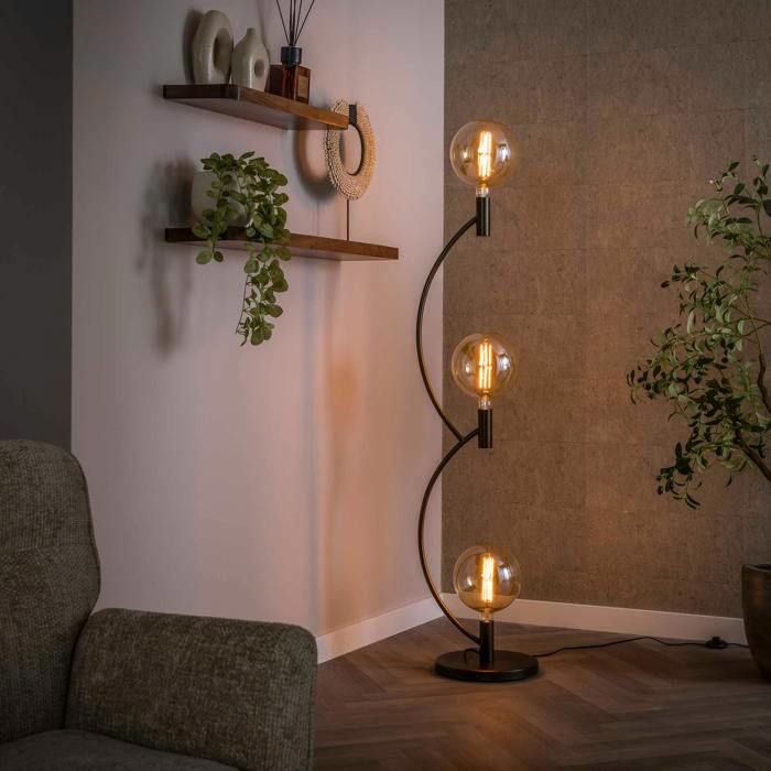 Lampadaire salon en métal courbe finition bronze 3 lampes RALF