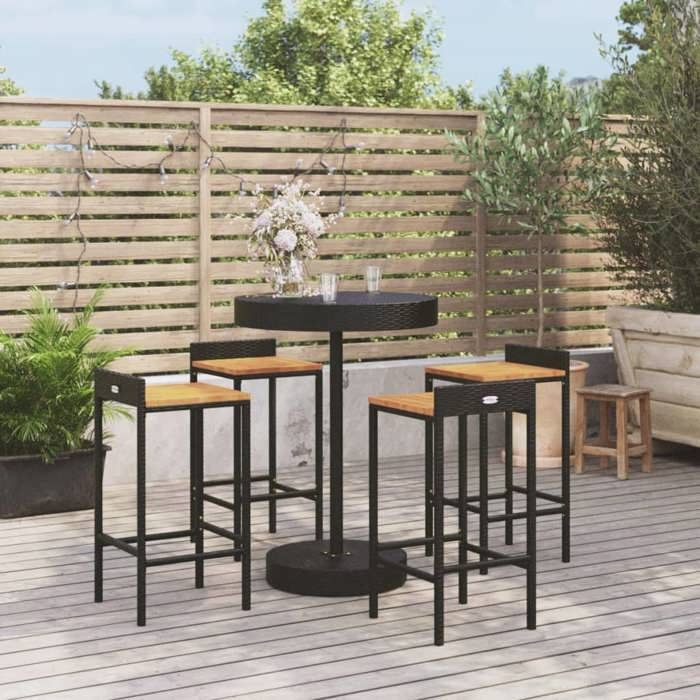 NEW 2026 Ensemble Bistrot/BAR - jardin lot de 5 - 4 Chaises et 1 Table- noir poly rotin/bois massif acacia 40x44x86 cm S600