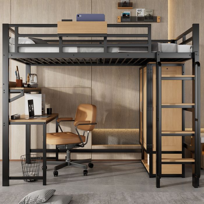 Lit mezzanine noir et naturel avec armoire bureau étagère et escalier