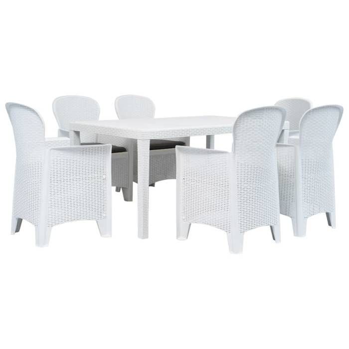 Ensemble table et chaises - Aspect rotin - Plastique solide - Blanc mat - 6 personnes