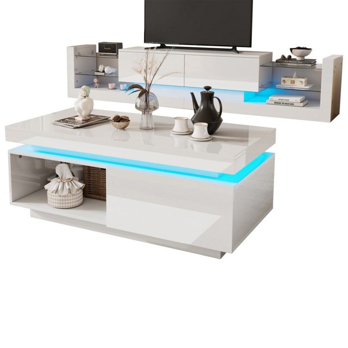 Ensemble Meuble TV-Blanc Brillant-Meuble TV Mural-Table Basse-Set Salon Moderne-Rangement Fonctionnel-Design Épuré Ensemble Meuble TV-Blanc Brillant-Meuble TV Mural-Table Basse-Set Salon Moderne-Rangement Fonctionnel-Design Épuré