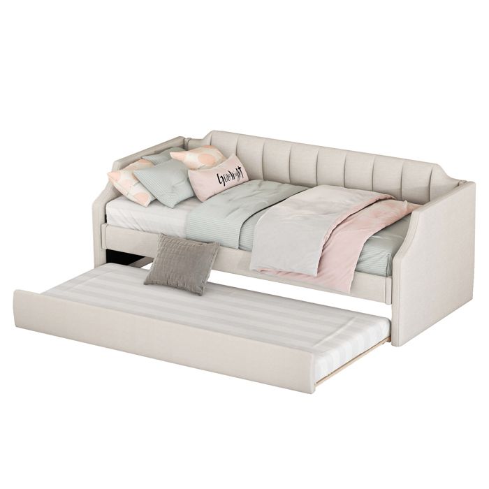 VLIVRA Lit gigogne 2 places banquette rembourrée avec couchage d’appoint 90×200 cm et 90×190 cm sans matelas Beige