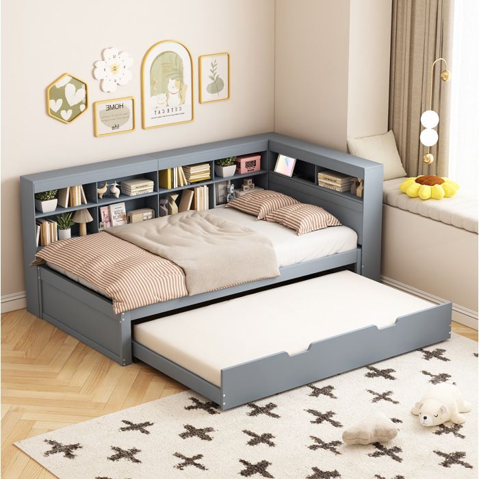 Lit combiné 90 × 200 cm et 90 × 190 cm 2 places avec USB et rangements intégrés sans matelas gris - UVRION