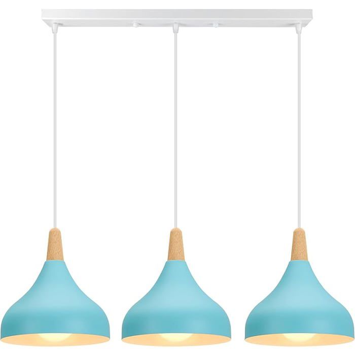 3 Lampes Suspension Rétro Luminaire E27 Lustre Moderne Style Goutte Chapeau Plafonnier Métal Bois Rectangle Bleu LUSTRE