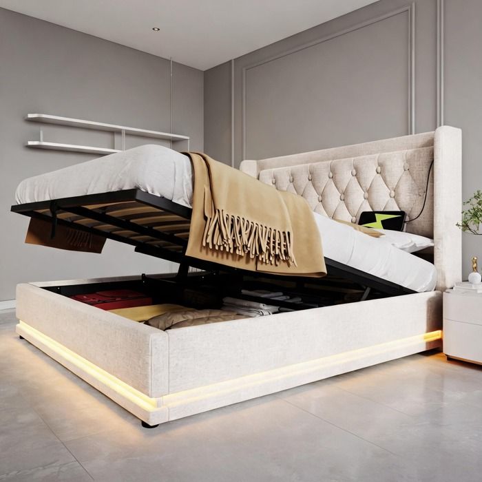 Lit double 2 places pour chambre adulte tapissé coton beige-toned avec rangement hydraulique et matelas inclus 140x200 cm