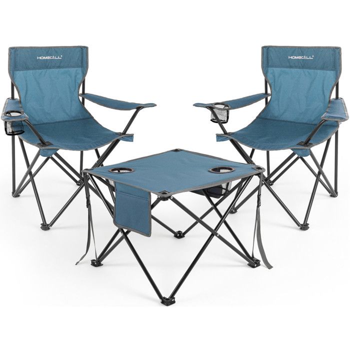 HOMECALL Ensemble 3 pcs de 2 Chaises de Camping Plage Pliante 79x43x43cm - charge 120KG et Table - 48x48x40cm - charge 30KG - Bleu