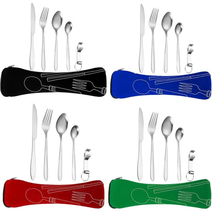 Couverts camping 4 pers. 24 pièces acier inoxydable vaisselle voyage avec étui pour extérieur et pique- - Vert Noir Rouge Bleu