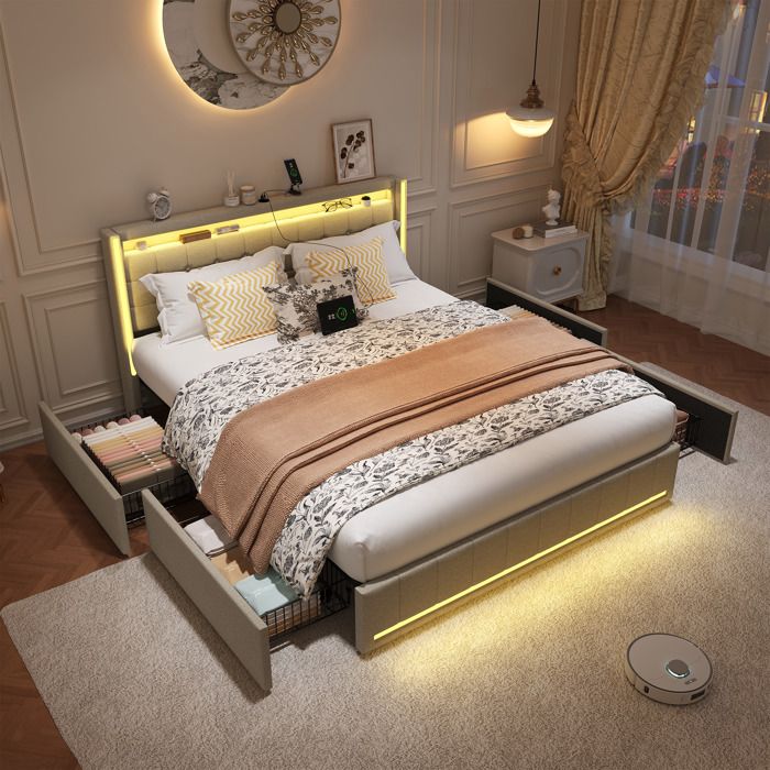 Lit Double 160x200 cm - Tête Élégante avec Rangement - 4 Tiroirs Intégrés - Base Lattes - Idéal Adulte et Teenager - Beige