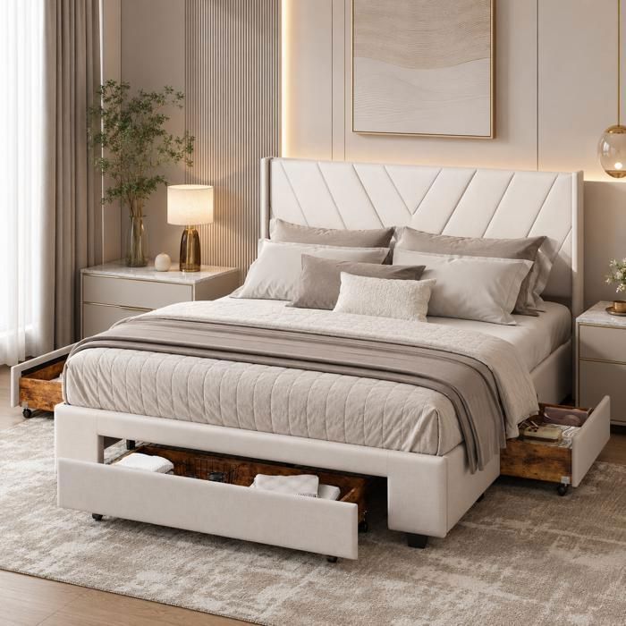 Lit Double 160x200 cm avec 3 Tiroirs en Bois Cadre de Lit Rembourré en Lin avec Sommier à Lattes Tête de Lit pour Chambre Beige