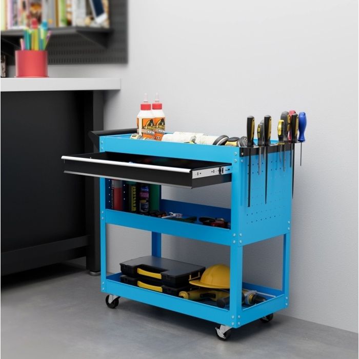 Servante à outils en acier 3 niveaux avec 1 tiroir 4 roulettes dont 2 freins 82 x 35 x 76 cm bleu