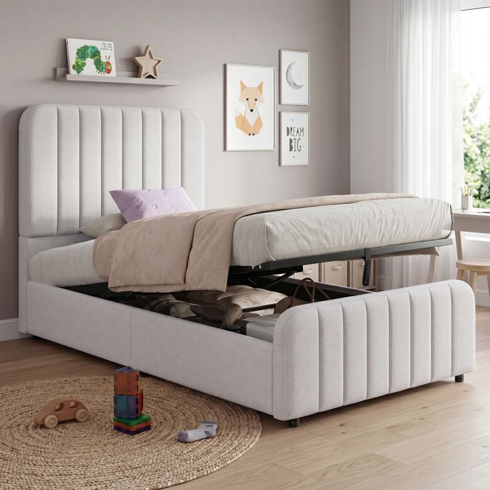 Lit simple coffre 90 x 200 cm - Lit avec tete de lit - coffre hydraulique - cadre a lattes - lin
