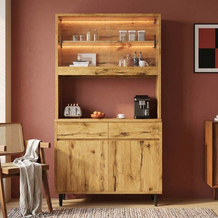 Buffet haut de cuisine 100 x 40 x 185 cm avec LED multicolores prises USB-C/A et 2 prises portes vitrées meuble de rangement Chêne