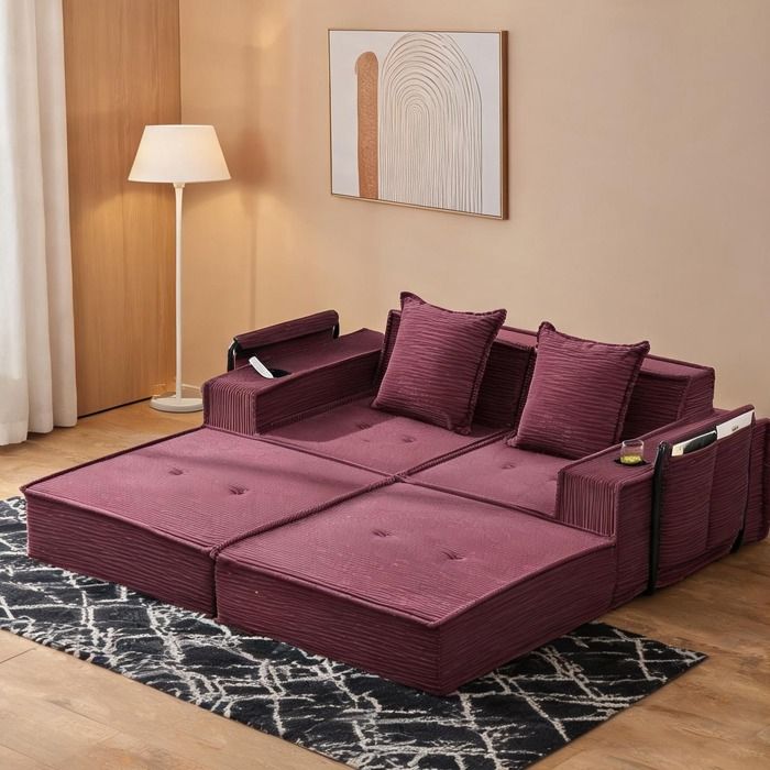 Canapé convertible 2 places en velours côtelé classic red avec pouf de rangement