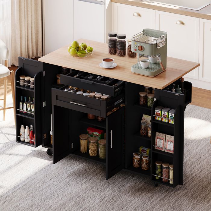 Îlot de cuisine mobile 136x70x92 cm 4 portes 2 tiroirs plan de travail extensible noir et naturel