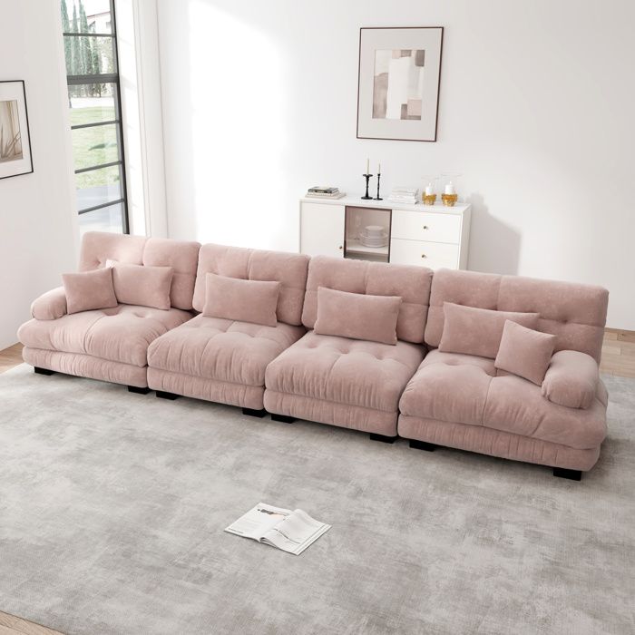 Canapé modulaire 4 places en chenille rose 406 cm assise profonde accoudoirs rembourrés avec coussins